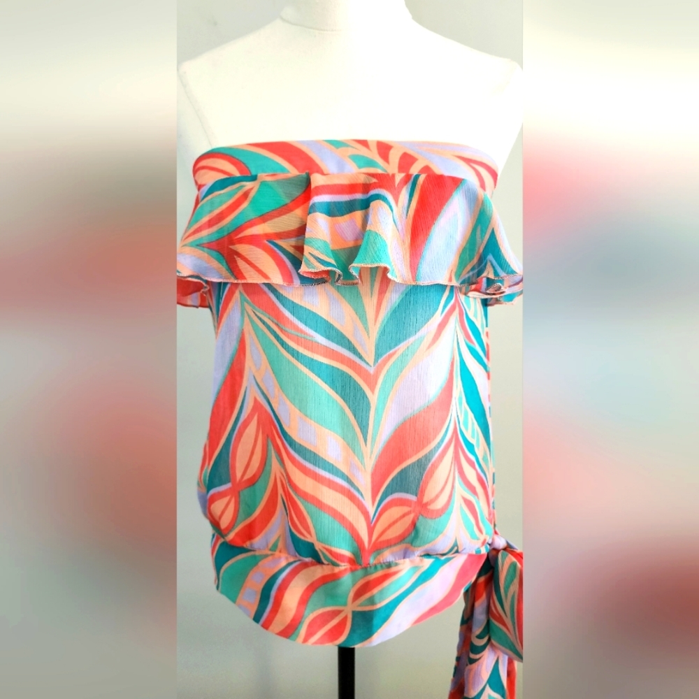 COOPER ST Women Blouse Size 10 Pink Multicoloured Strapless Sheer Lightweight - Picture 2 of 9